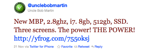 @unclebobmarting about his new MacBook Pro